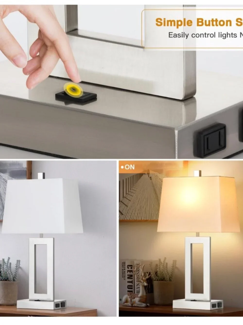 2 Table Lamps with USB C+A Ports & AC Outlet, Bedside Lamps, Modern Bedroom Lamp